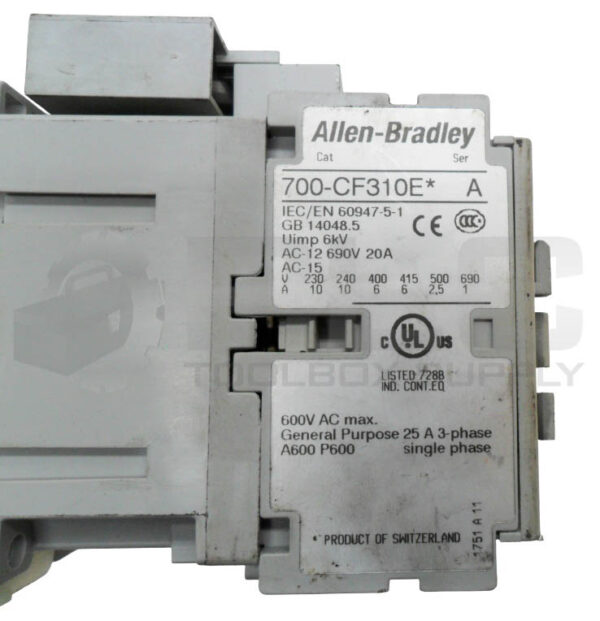 ALLEN BRADLEY 700-CF310E* /A CONTACTOR 600VAC W/ 100-FSV55 /A SURGE SUPPRESSOR - Image 6