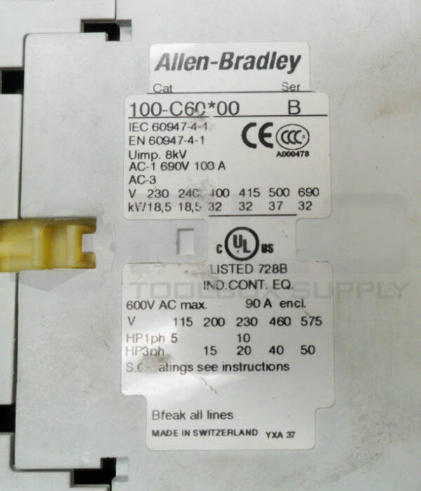 ALLEN BRADLEY 100-C60*00 /B CONTACTOR 600VAC 90A W/ 100-S /B CONTACT BLOCK - Image 7
