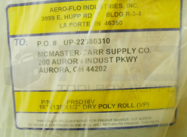 SEALED NEW AERO-FLO INDUSTRIES PR5D16V DRY POLY ROLL 16" X 135' X 1/2" - Image 3