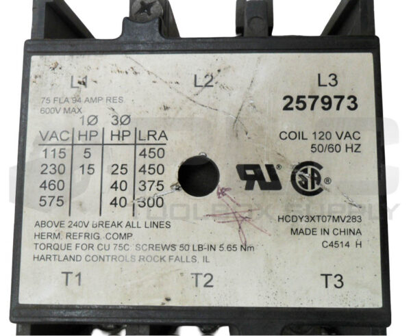 HARTLAND CONTROLS 257973 CONTACTOR 94A 600VAC HCDY3XT07MV283 - Image 6