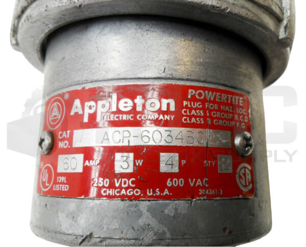 NEW APPLETON ACP-6034BC POWERTITE PLUG 60A 3W 4P 240VDC 600VAC *READ* - Image 5