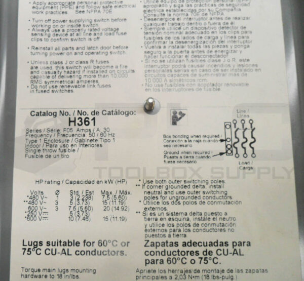 SQUARE D H361 /F05 HEAVY DUTY SAFETY SWITCH 30A 600 VAC/DC - Image 6