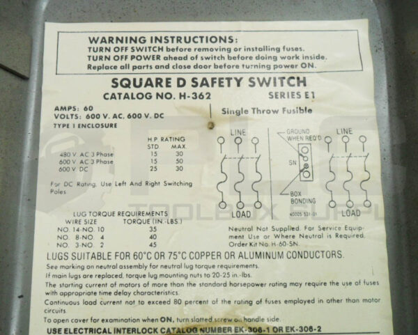 SQUARE D H-362 /E1 SAFETY SWITCH 60A 600VAC - Image 5