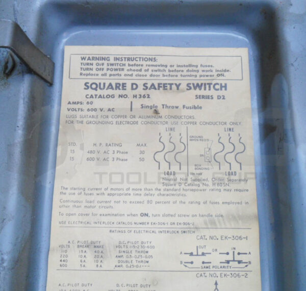 SQUARE D H362 /D2 SAFETY SWITCH 60A 600VAC - Image 5