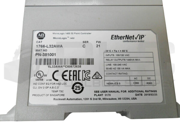 ALLEN BRADLEY 1766-L32AWA /C MICROLOGIX 1400 32 PT CONTROLLER 100-120VAC 50/60HZ - Image 6