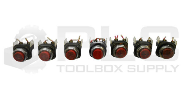 LOT OF 7 ALLEN BRADLEY 800T-B... /T PUSH BUTTON RED W/ 800T-XD2 /D CONTACT BLOCK