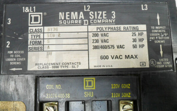 SQUARE D 8736 SEO-2 /A REVERSING MAGNETIC STARTER W/ (2) 31074-400-38 COIL - Image 7