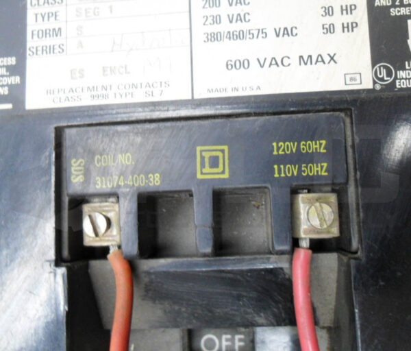 SQUARE D 8536 SEG-1 /A MOTOR STARTER 600VAC 50HP W/ 31074-400-38 COIL - Image 6