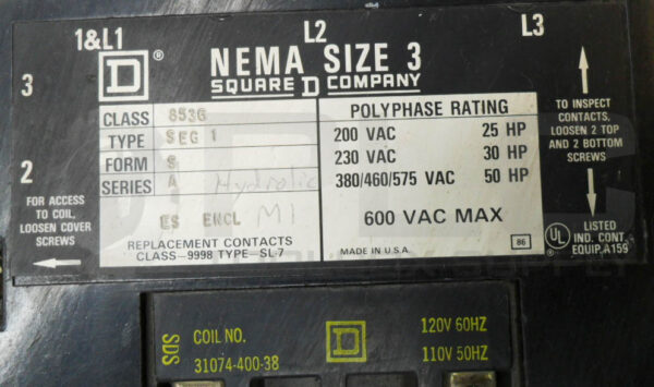 SQUARE D 8536 SEG-1 /A MOTOR STARTER 600VAC 50HP W/ 31074-400-38 COIL - Image 7