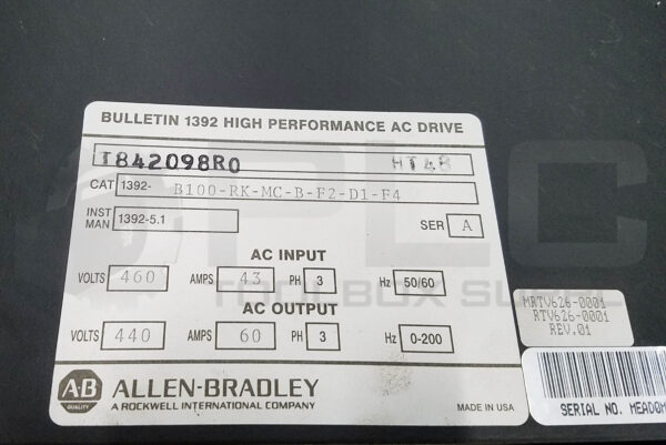 ALLEN BRADLEY 1392-B100-RK-MC-B-F2-D1-F4 /A AC DRIVE 460/440V 43/60A 3PH - Image 7