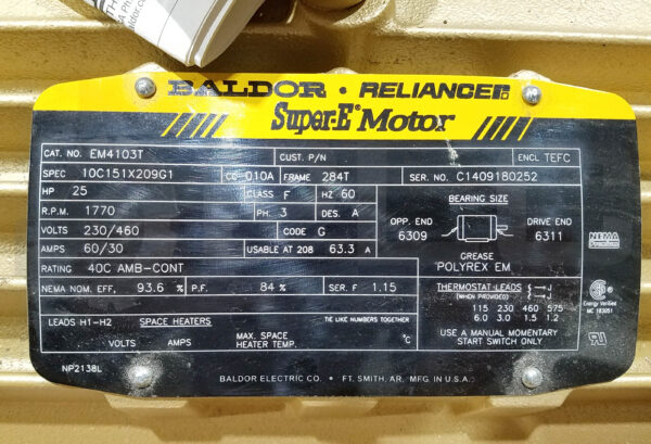 NEW BALDOR EM4103T MOTOR 25HP 3PH 1770RPM FR: 284T, 10C151X209G1 - Image 5