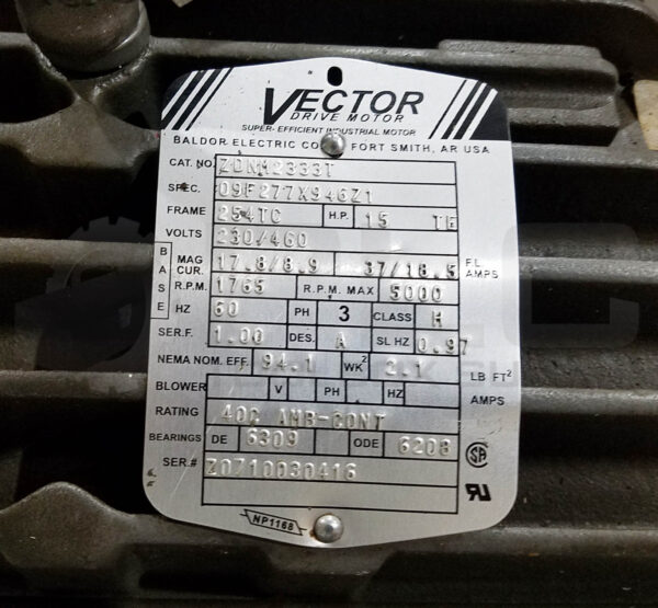 BALDOR ZDNM2333T 15HP 3PH 1765RPM FR: 254TC, 09F277X946Z1 VECTOR - Image 5