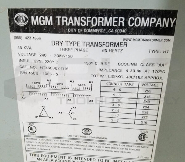 MGM HT45C3B2-D16 DRY TYPE TRANSFORMER 45KVA 3PH 60Hz TYPE: HT - Image 3