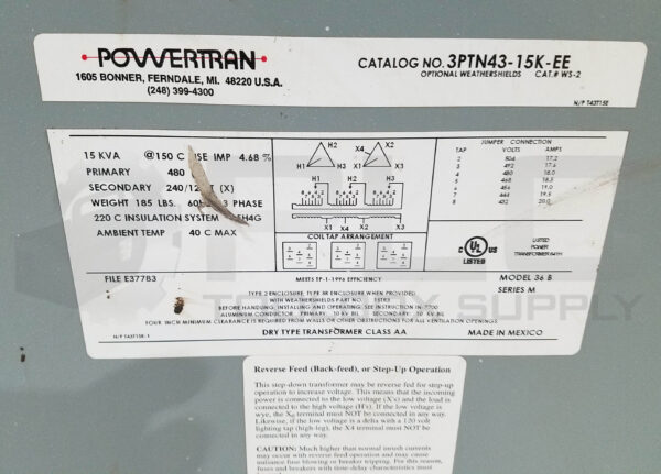 POWERTRAIN 3PTN43-15K-EE DRY TYPE TRANSFORMER 15KVA 3PH 60Hz - Image 4