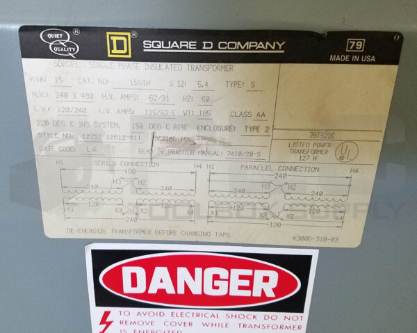 SQUARE D 15S1H TRANSFORMER 15KVA 1PH 60Hz - Image 3