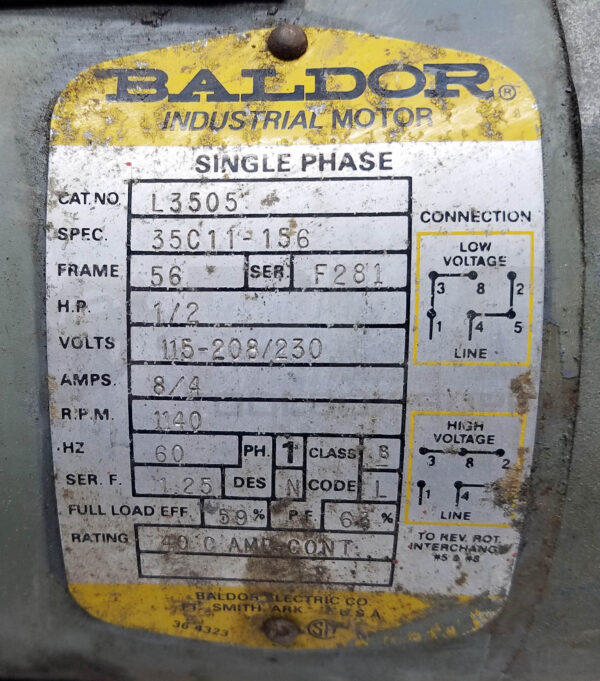 BALDOR L3505 MOTOR 1/2HP 1PH 1200RPM FR: 56, 35C11-156 - Image 5