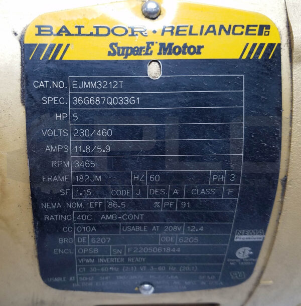 BALDOR EJMM3212T MOTOR 5HP 3PH 3465RPM FR: 182JM, 36G687Q033G1 *READ - Image 7