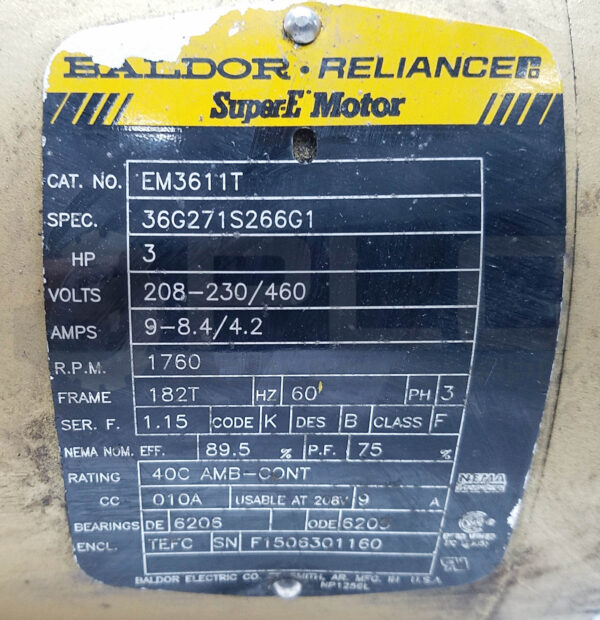 BALDOR EM3611T MOTOR 3HP 3PH 1760RPM FR: 1760, 36G271S266G1 *READ - Image 5