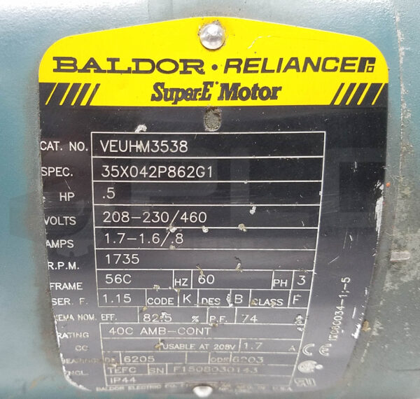 BALDOR VEUHM3538 MOTOR 1/2HP 3PH 1735RPM FR: 56C, 35X042P862G1 - Image 6