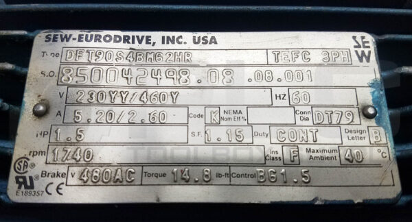 SEW EURODRIVE DFT90S4BM62HR MOTOR 1.5HP 3PH 1740RPM - Image 6