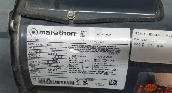 NEW MARATHON G572 MOTOR 3/4HP 1PH 1725RPM FR: 56C, 56C17F5322 - Image 5