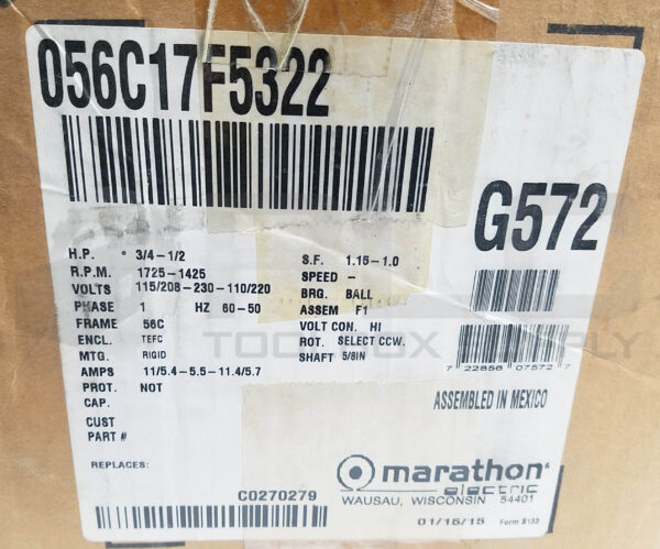NEW MARATHON G572 MOTOR 3/4HP 1PH 1725RPM FR: 56C, 56C17F5322 - Image 6