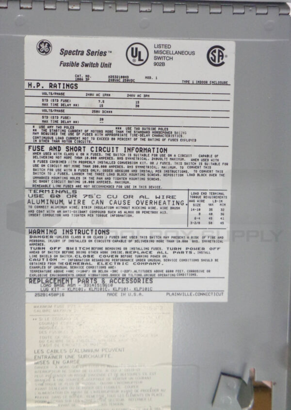 GE ADS32100HD SPECTRA SERIES FUSIBLE SWITCH UNIT 100A 3P 240VAC 250VDC - Image 7