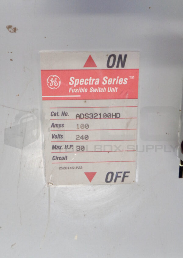 GE ADS32100HD SPECTRA SERIES FUSIBLE SWITCH UNIT 100A 3P 240VAC 250VDC - Image 8