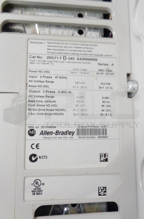 ALLEN BRADLEY 20G11 F D 040 AA0NNNNN SER A POWERFLEX 755 AC DRIVE - Image 9