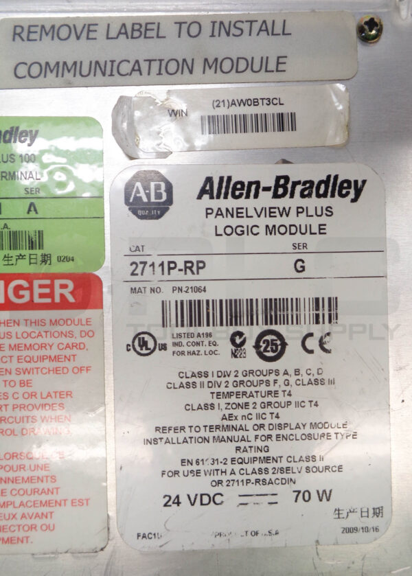 ALLEN BRADLEY 2711P-B10C4D1 SER A PANELVIEW PLUS W/ 2711P-RP SER G LOGIC MODULE - Image 6