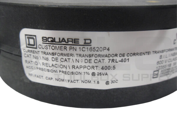 SQUARE D 7RL-401 CUREENT TRANSFORMER 600V 50-400HZ RATIO 400:5 - Image 3