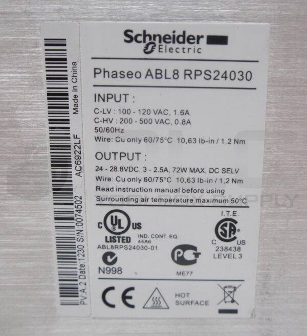 SCHNEIDER ELECTRIC ABL8RPS24030 POWER SUPPLY 24-28.8VDC 3-2.5A 72W - Image 4