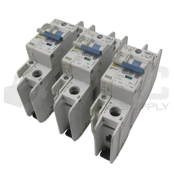 LOT OF 3 ALLEN BRADLEY 1489-A1C100 /A CIRCUIT BREAKER 10A W/ 1489-AAHH3 /A