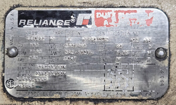 RELIANCE ELECTRIC P44G357C MOTOR 100HP 1180RPM 3PH FR: 444TSC; P44G357C-G2-PR - Image 5