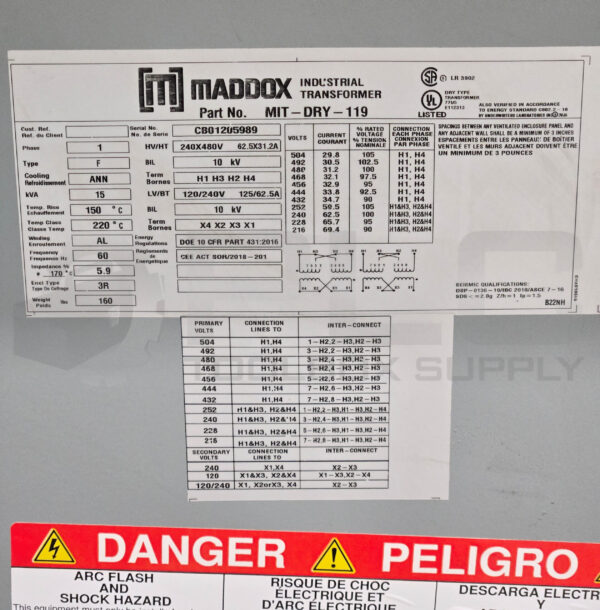 MADDOX MIT-DRY-119 INDUSTRIAL TRANSFORMER 1PH 15KVA 60HZ - Image 7