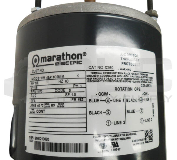 NEW MARATHON ELECTRIC X260 AC MOTOR S WM 48A11O251M 1/6HP 1075RPM FR:48Z - Image 6
