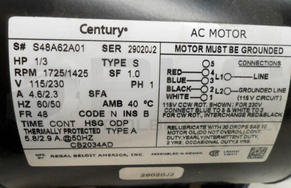 NEW CENTURY S48A62A01 AC MOTOR 1/3HP 1725/1425RPM FR:48 115-230V 4.6/2.3A *READ* - Image 6