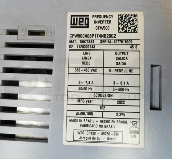 WEG CFW500A06P1T4NB20G2 FREQUENCY INVERTER 380-480VAC 7.4A 50/60HZ 15573823 - Image 5