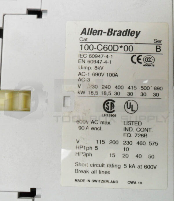 ALLEN BRADLEY 100-C60D*00 /B CONTACTOR W/ 100-FSD250 /A W/ 100-S /B - Image 7