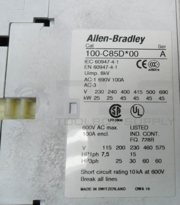 ALLEN BRADLEY 100-C85D*00 /A CONTACTOR W/ 100-FSD250 /A SURGE SUPPRESSOR - Image 7