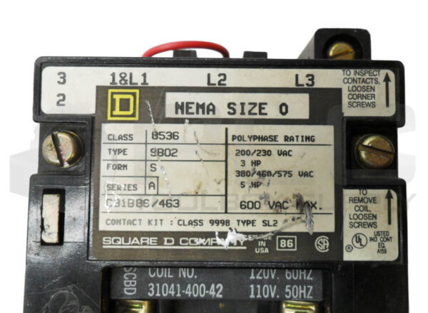 SQUARE D 8536 SBO2 /A MOTOR STARTER 600VAC W/ 31041-400-42 COIL - Image 6