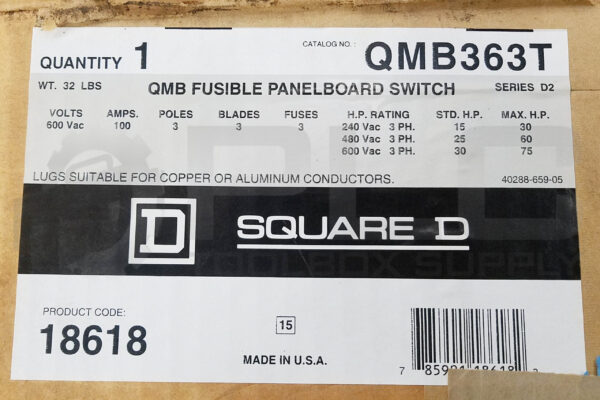 NEW SQUARE D QMB363T /D2 FUSIBLE PANELBOARD SWITCH 100AMP 3P 600VAC - Image 7