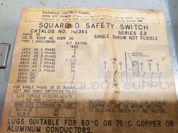 SQUARE D HU361 /E2 SAFETY SWITCH 30AMP 600V TYPE 1 - Image 4