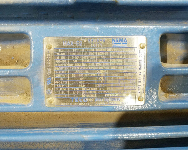 NEW TECO WESTINGHOUSE AEHHUW MOTOR 50HP 3PH 1770RPM FR: 326T, HH0504 - Image 6
