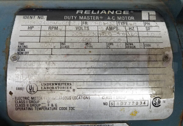 RELIANCE P14J2405M MOTOR 2HP 3PH 3450RPM FR: HC145T, P14J2405M-GB - Image 6