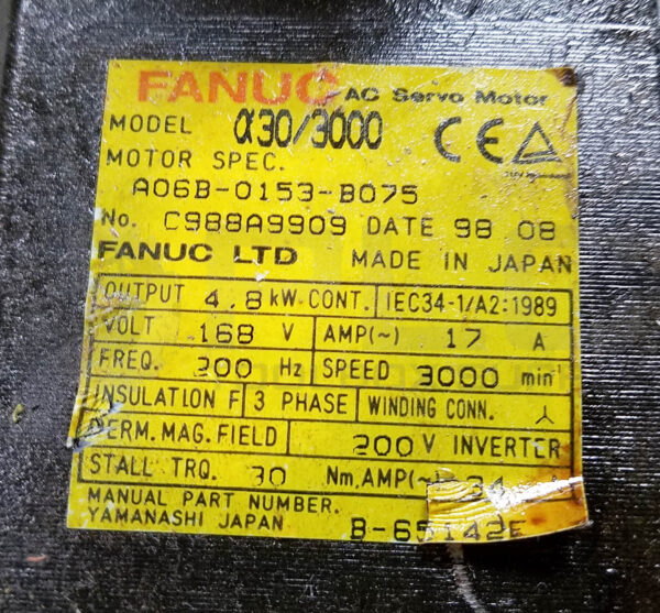FANUC A06B-0153-B075 AC SERVO MOTOR 4.8kW 3000RPM - Image 6