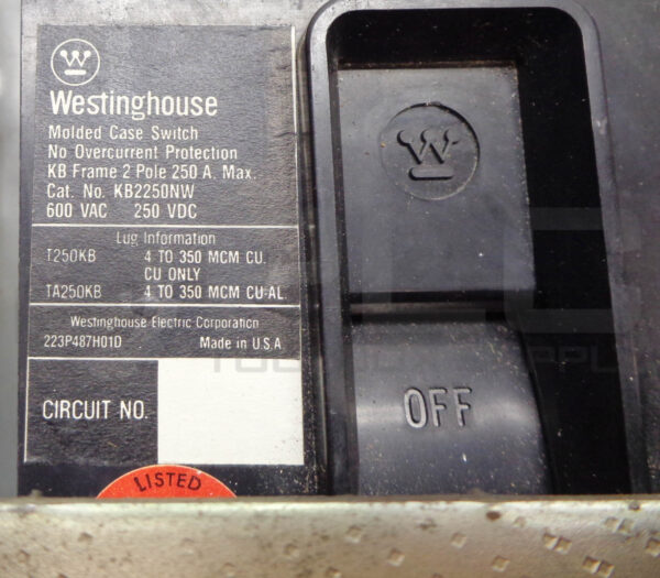 WESTINGHOUSE KB2250NW MOLDED CASE CIRCUIT BREAKER 250A 2P W/PROTECTOR ASSY*READ* - Image 6
