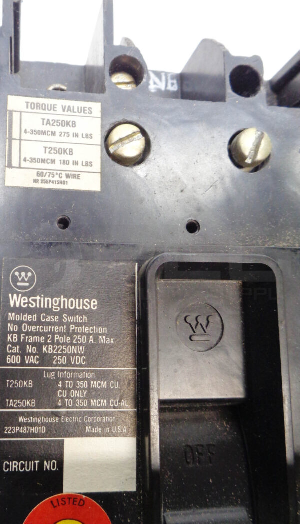 WESTINGHOUSE KB2250NW MOLDED CASE CIRCUIT BREAKER 250A 2P W/PROTECTOR ASSY*READ* - Image 8