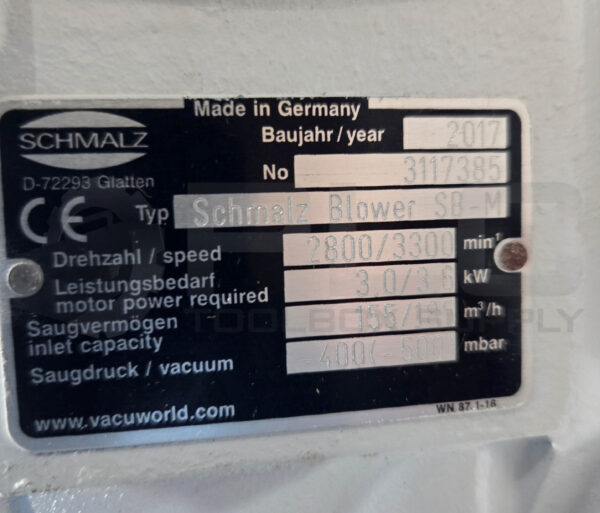 SCHMALZ SB-M BLOWER W/ AF100L/2L-11L MOTOR 3KW 3480RPM 330-440/190-254V - Image 7