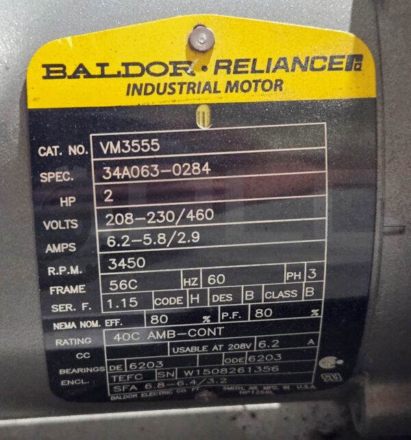 CINCINNATI FAN PB-12A BLOWER W/ BALDOR VM3555 MOTOR 3PH 2HP 3450RPM 34A063-0284 - Image 5